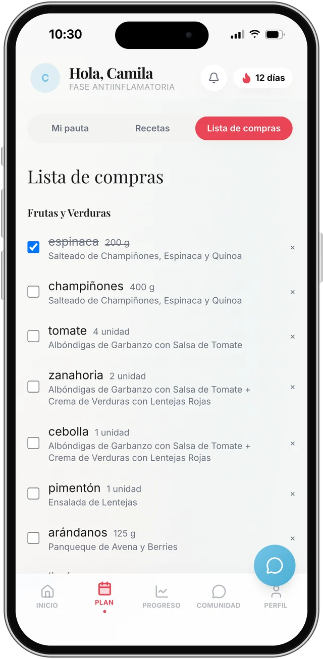 Lista de compras de Nutrico: frutas y verduras con la receta de origen de cada ingrediente
