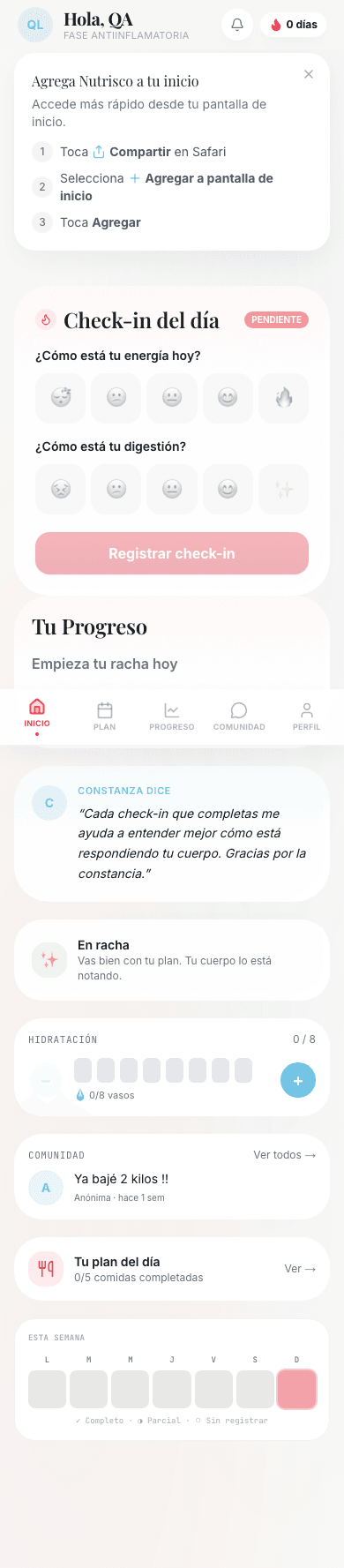 App Nutrico — Check-in + tu progreso