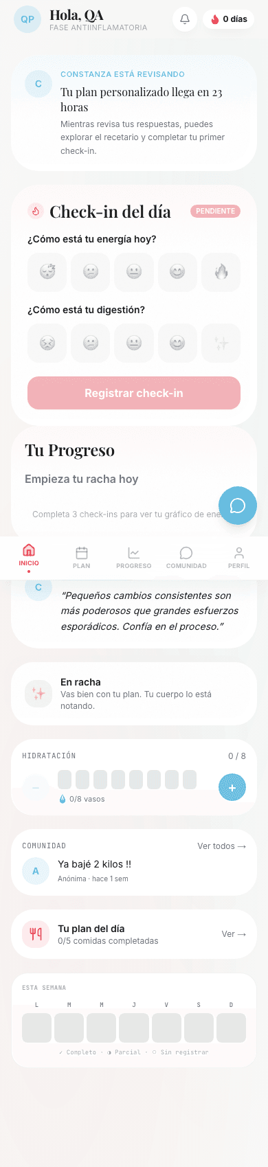 App Nutrico — vista del dashboard con check-in del día y plan activo