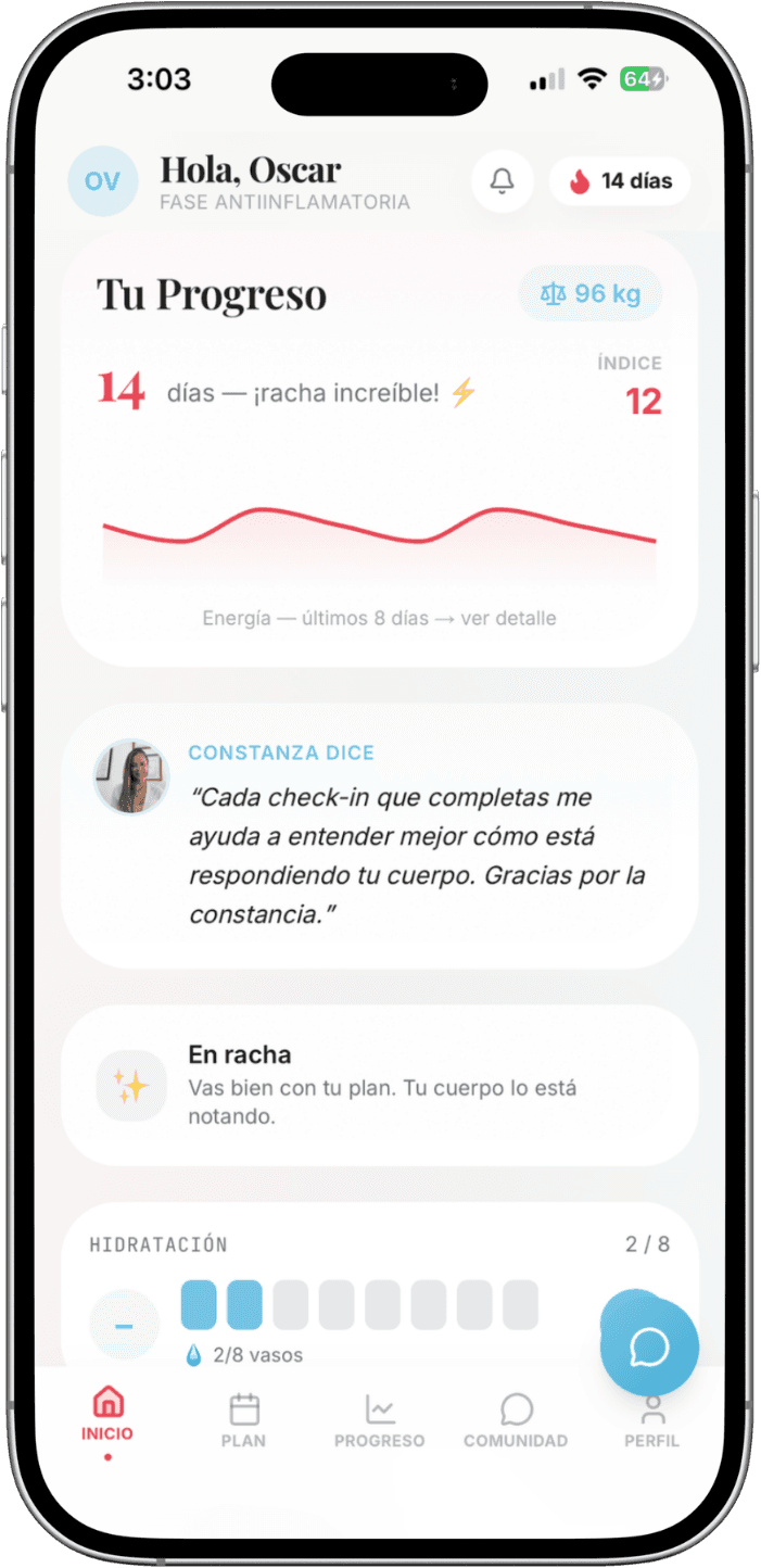 App Nutrico — vista de tu progreso del día con check-in y plan activo